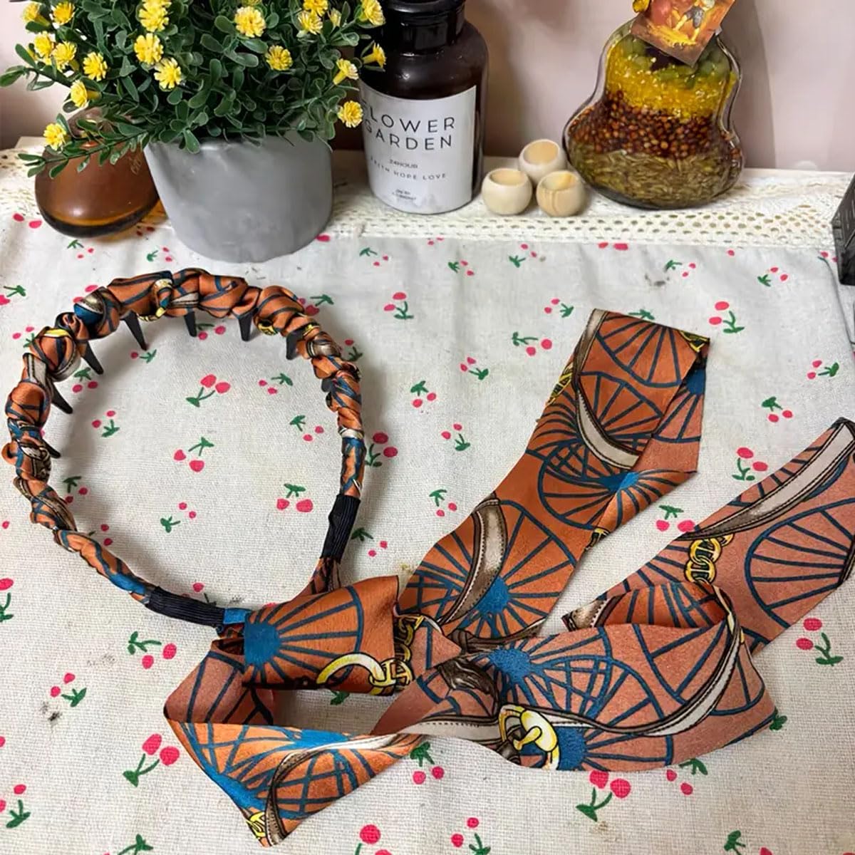 Retro printed ribbon tooth comb headband hair tie (1 Pc)
