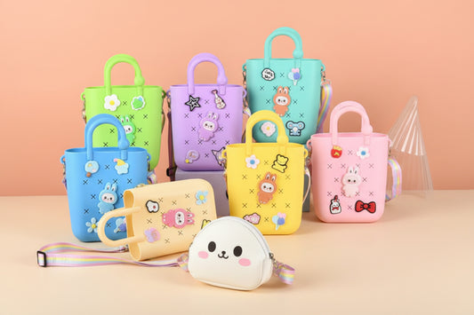 Set of colorful children's bags with cartoon designs on a pink background