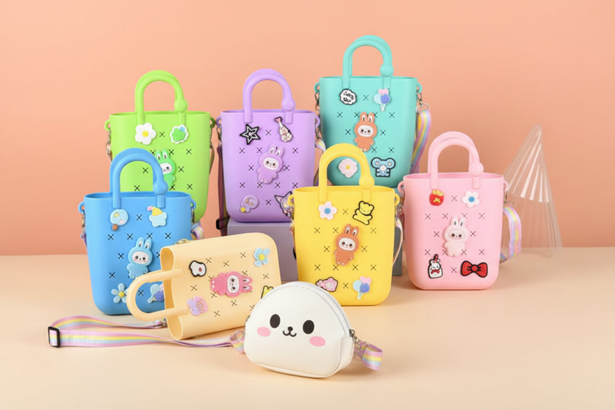 Set of colorful children's bags with cartoon designs on a pink background