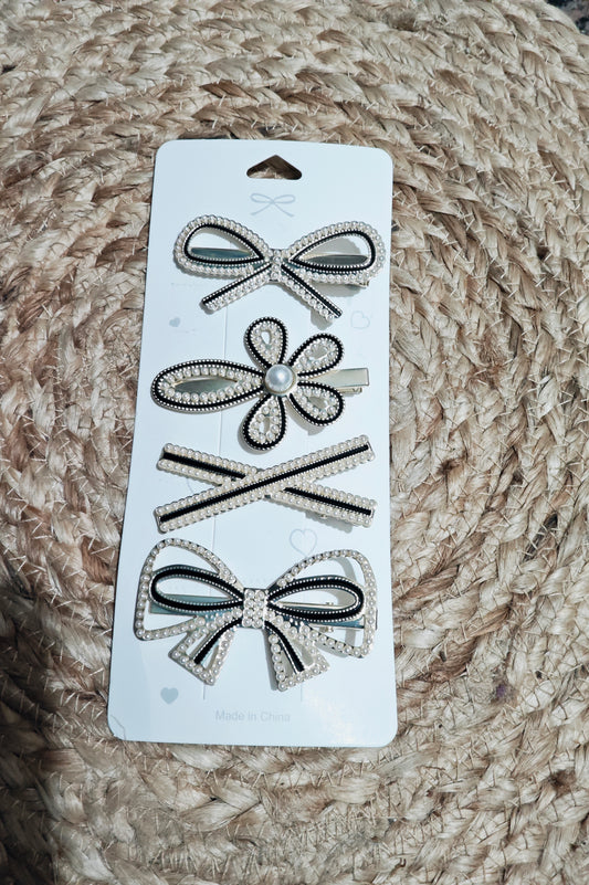 Rhinestone bow tie hairclip 4-piece set