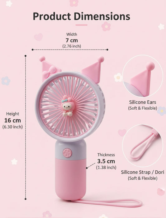 Pink handheld fan with cat ears and Dori character, showing product dimensions and material details on a gray background.