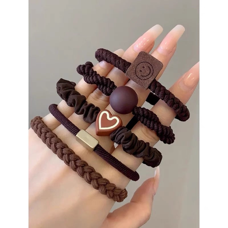 Dark Brown Ornament Hair Tie (Set of 5)