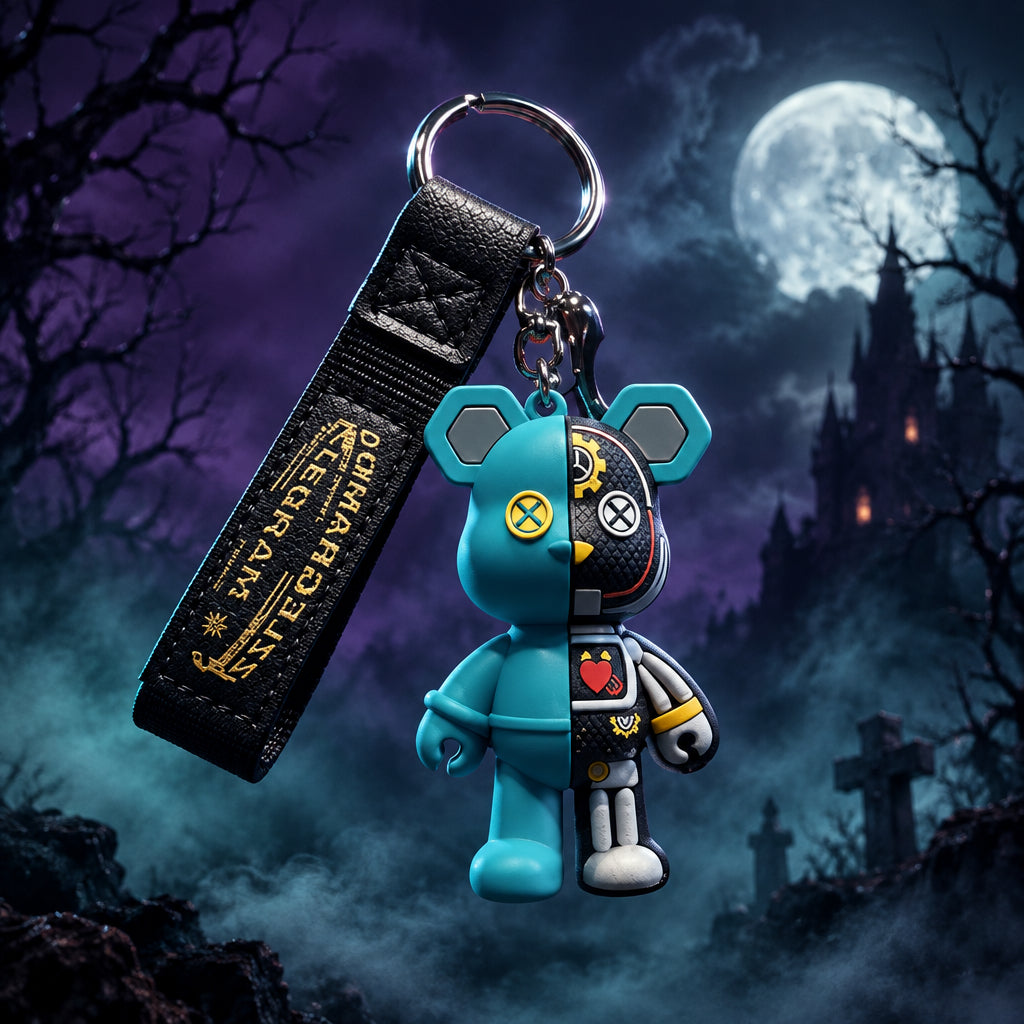 A hand holding a split-keychain charm featuring a half-blue bear and half-black-and-white robot, attached to a black strap with gold lettering, against a gray background.