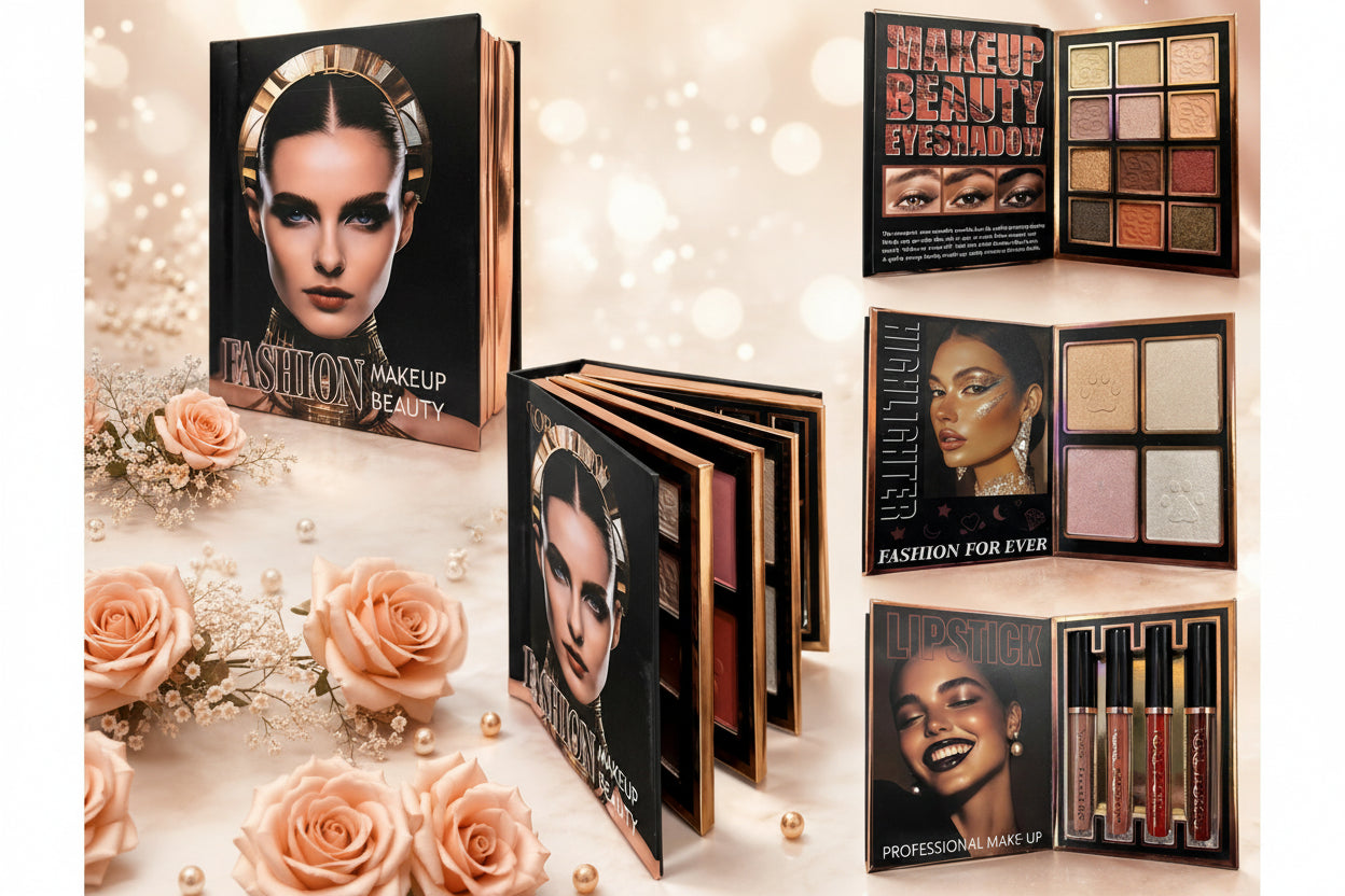 A collage of makeup palettes and lipsticks from the 'Fashion Beauty' and 'Fashion for Ever' lines, featuring various eyeshadows, blushes, highlighters, and lipsticks in rose gold packaging with black and gold designs.