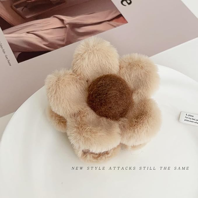 Khaki Flower Plush Hair Claw (1 Pc)