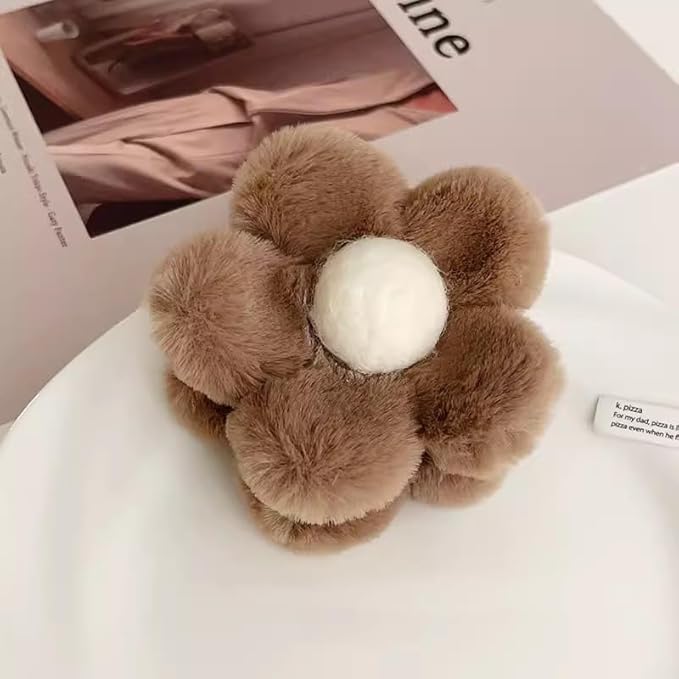 Khaki Flower Plush Hair Claw (1 Pc)