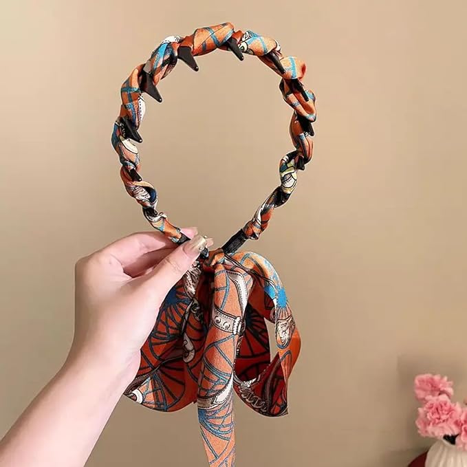 Retro printed ribbon tooth comb headband hair tie (1 Pc)