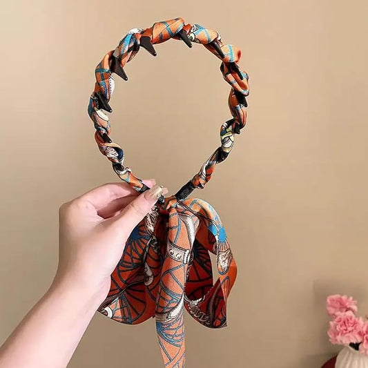 Retro printed ribbon tooth comb headband hair tie (1 Pc)