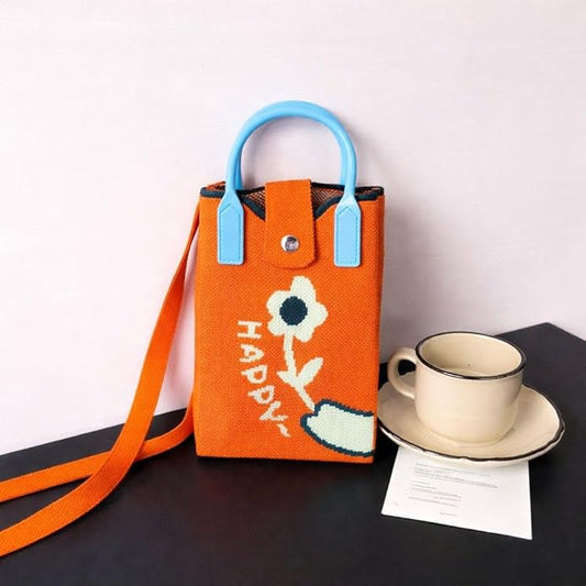 Cute Mini Orange Knit Tote Crossbody Bag