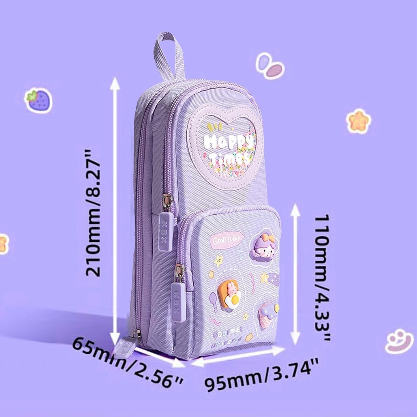 Purple Kawaii Pencil Case with 3 Compartments