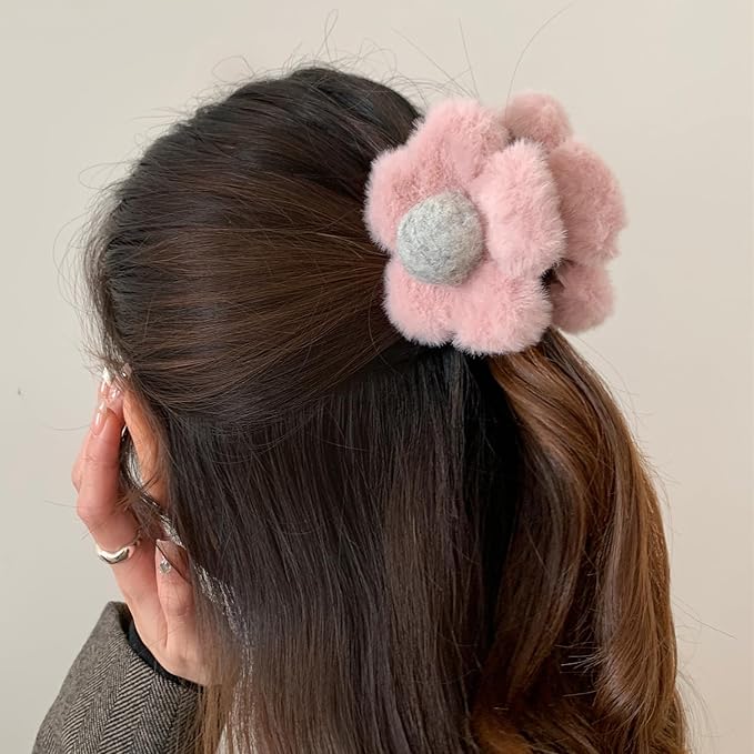 Khaki Flower Plush Hair Claw (1 Pc)