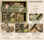 Promotional graphic for the Mans Manor Vintage Gift Box Set, showing the decorated box packaging, sample vintage-style notebooks, cards, stickers, and decorative papers inside, with text describing the set contents and features on a white background.