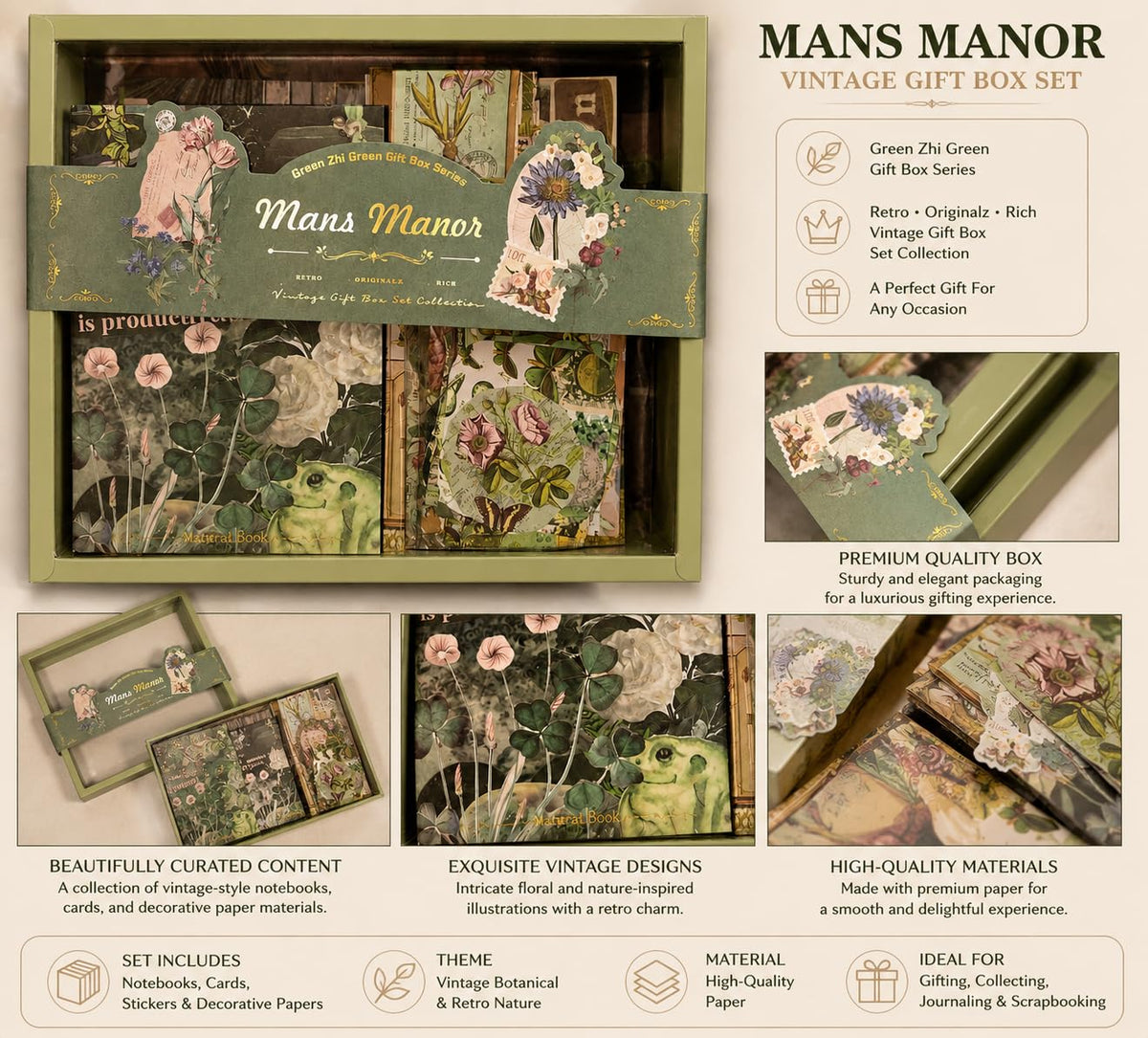 Promotional graphic for the Mans Manor Vintage Gift Box Set, showing the decorated box packaging, sample vintage-style notebooks, cards, stickers, and decorative papers inside, with text describing the set contents and features on a white background.