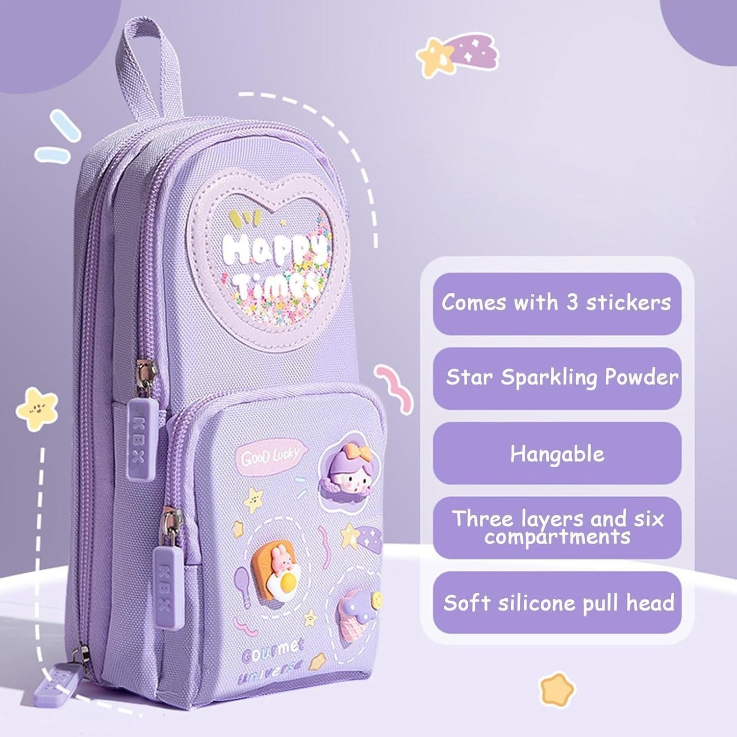 Purple Kawaii Pencil Case with 3 Compartments