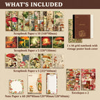 A product inclusion chart for a scrapbooking paper set by Toyshine, showing multiple sheets of vintage-style mushroom and nature-themed scrapbook paper, envelopes, and a notebook on a beige background with the text 'WHAT'S INCLUDED'.