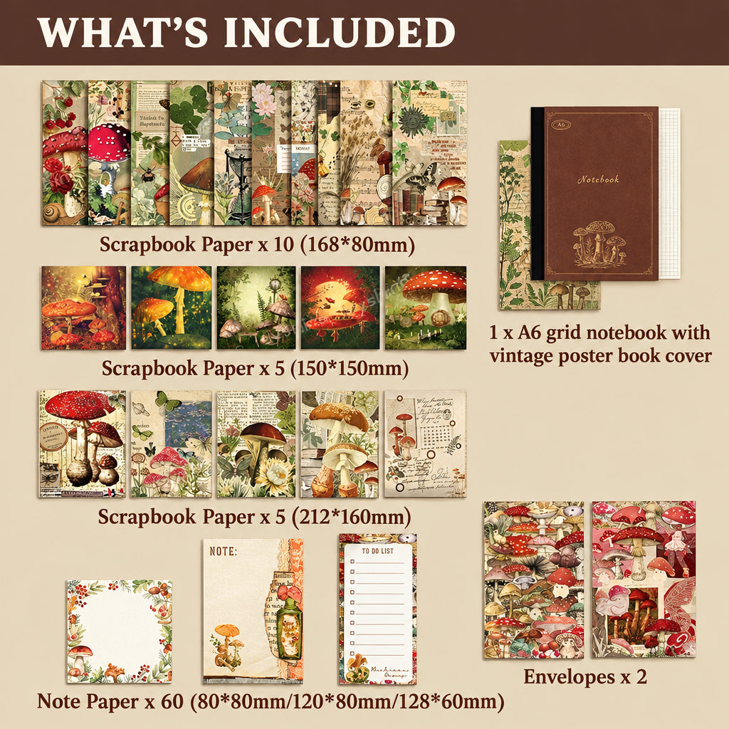 A product inclusion chart for a scrapbooking paper set by Toyshine, showing multiple sheets of vintage-style mushroom and nature-themed scrapbook paper, envelopes, and a notebook on a beige background with the text 'WHAT'S INCLUDED'.