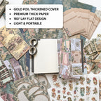 A collage-style flat lay of assorted scrapbook/journaling paper sheets, patterned cards, and a small grid notebook with two metal loops, overlaid with text describing features like gold foil thickened cover, premium thick paper, 180° flat design, and light/portable. A Toyshine logo appears in the top right.