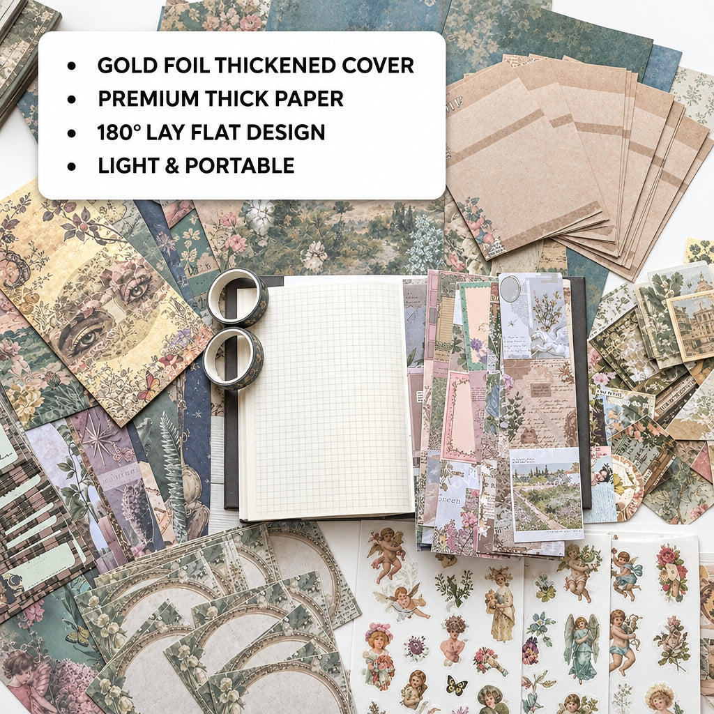 A collage-style flat lay of assorted scrapbook/journaling paper sheets, patterned cards, and a small grid notebook with two metal loops, overlaid with text describing features like gold foil thickened cover, premium thick paper, 180° flat design, and light/portable. A Toyshine logo appears in the top right.