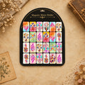 Magnetic Memo holder, featuring a black arched holder with 24 colorful decorative magnets showcasing dreamcatcher and floral designs, set against a light gray background with promotional text and icons.