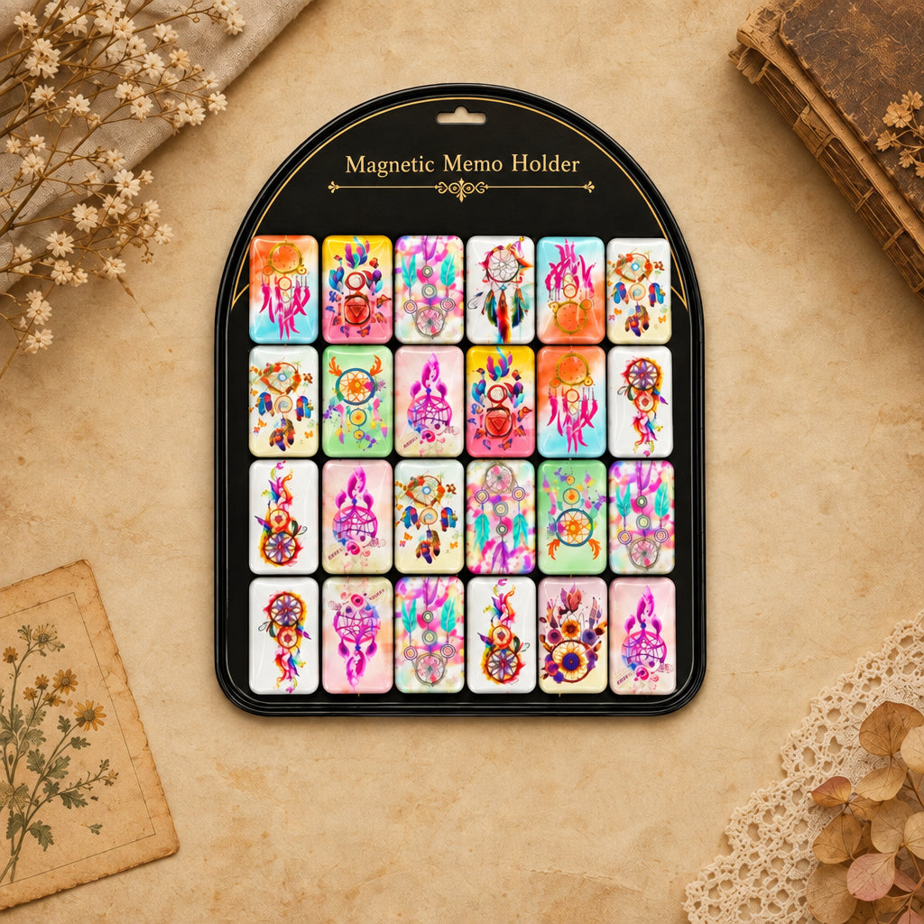 Magnetic Memo holder, featuring a black arched holder with 24 colorful decorative magnets showcasing dreamcatcher and floral designs, set against a light gray background with promotional text and icons.