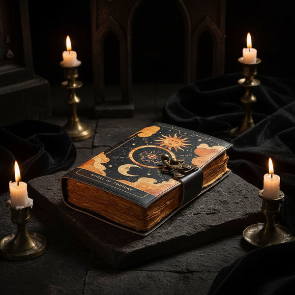 A decorative journal with a black cover featuring celestial illustrations of a sun, moon, and compass, wrapped with a black strap and clasp. The book is styled on a stone desk with a laptop, keyboard, and pen nearby.