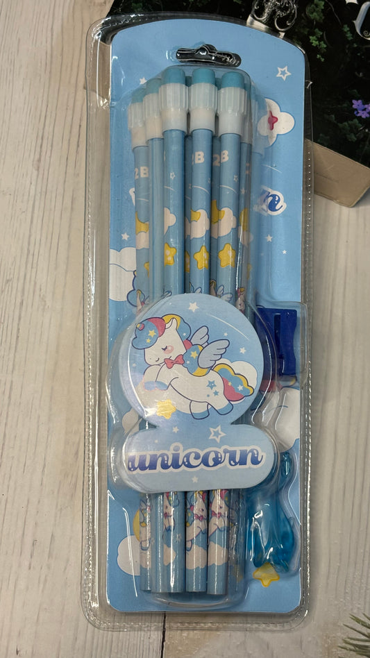 Pencil Stationery Set | 12 HB Pencils, Sharpener, Eraser & Pencil Cap