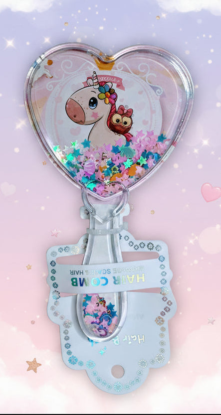 Heart-shaped Hair Brush with cartoon character and colorful design on a light gray background