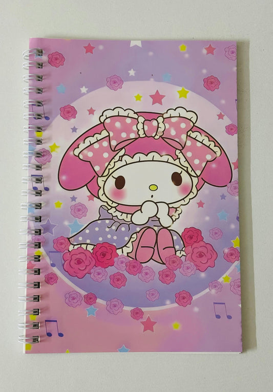 Cartoon character notebook with pink and purple design on a white background