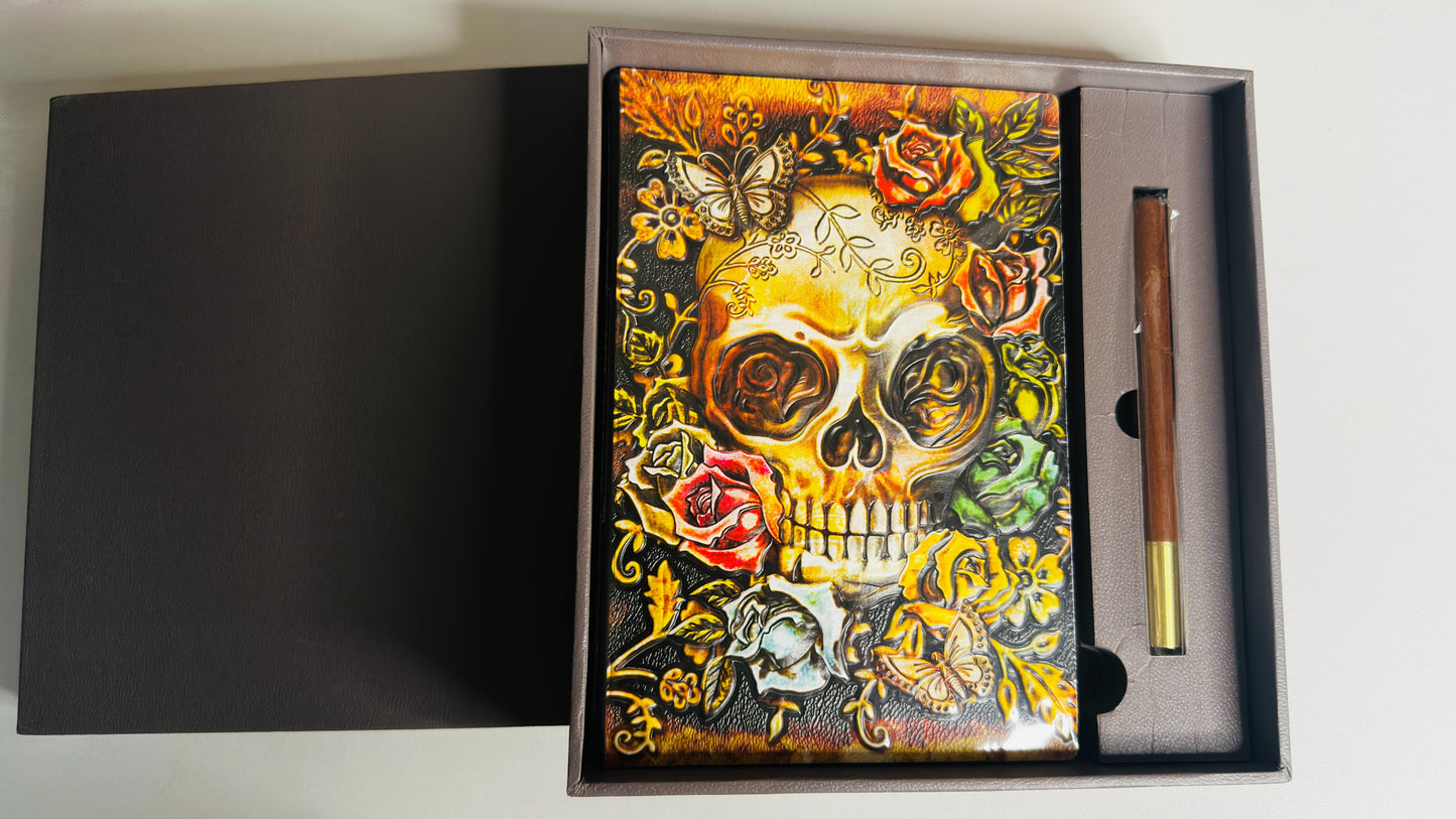 Decorative box with a skull and floral design on a white background