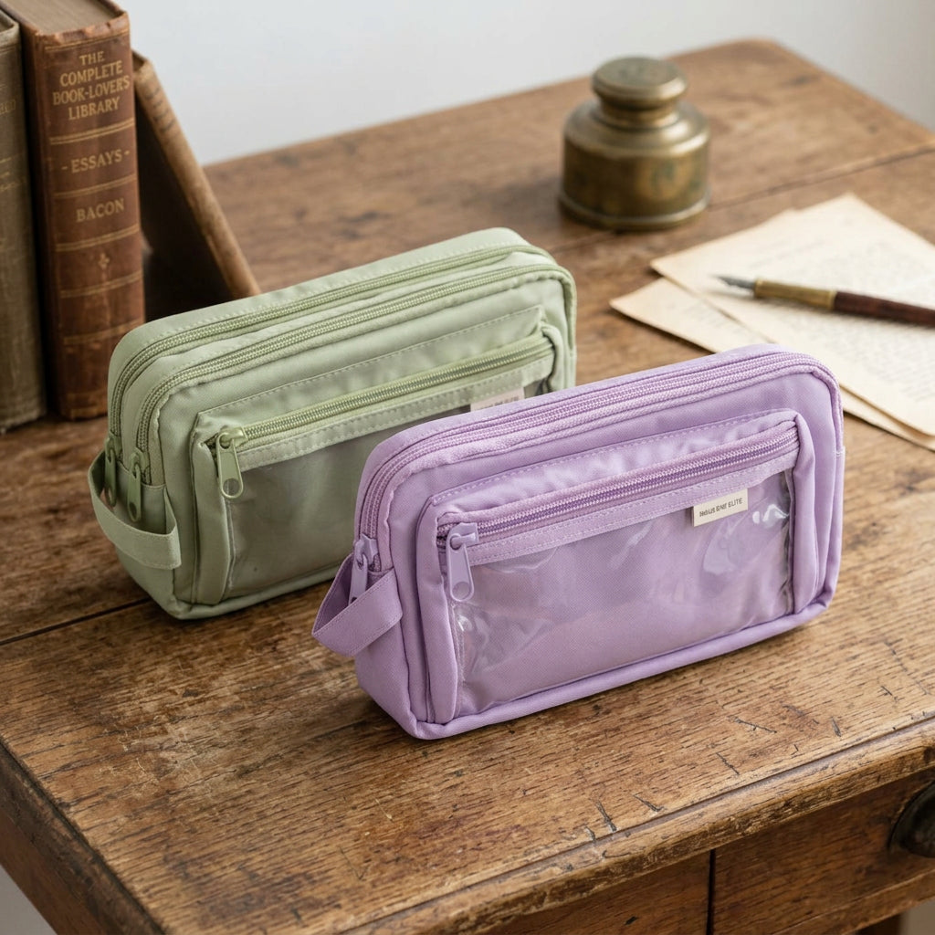 Two zippered utility pouches with clear front pockets, one in olive green and one in light purple, shown on a white background.