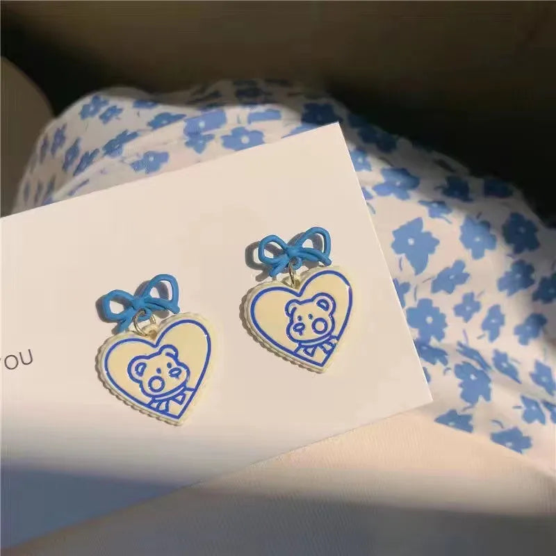 White/Blue Heart Bear earrings
