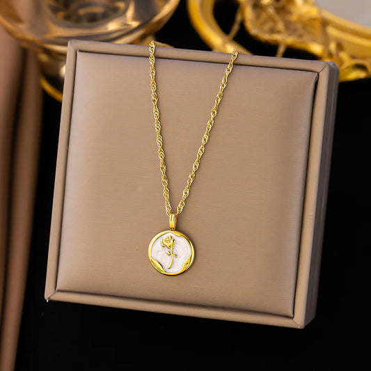 Anti Tarnish White glazed rose necklace - Golden