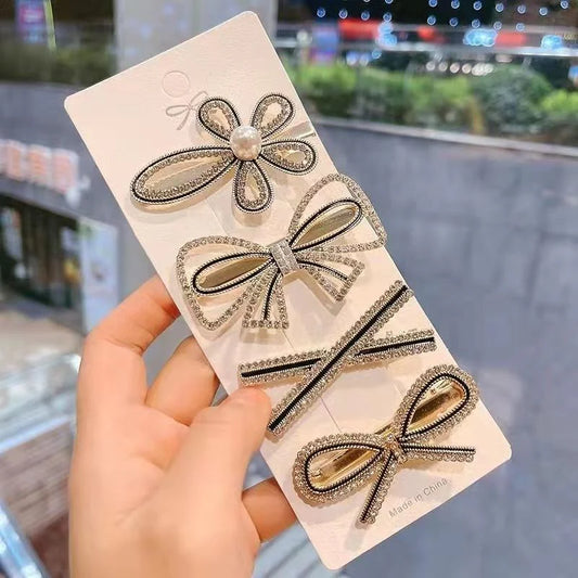 Rhinestone bow tie hairclip 4-piece set