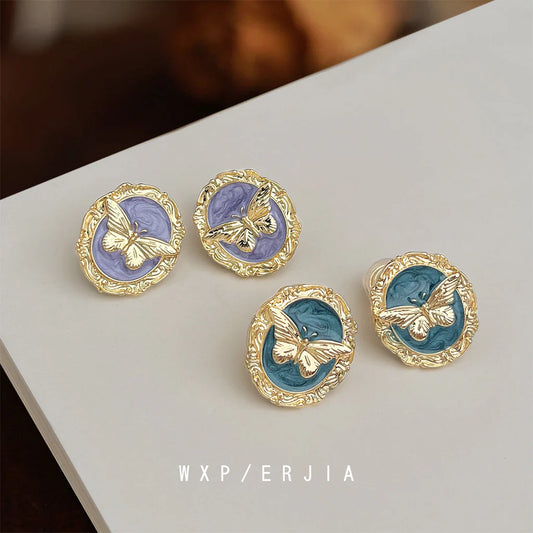 French Retro Oil Painting Texture Artistic Oil Drop Butterfly Geometric Earrings