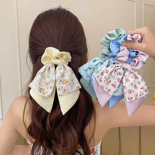 Floral Silk Scarf Hair Tie Bow (1 Pc)