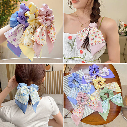 Floral Silk Scarf Hair Tie Bow (1 Pc)