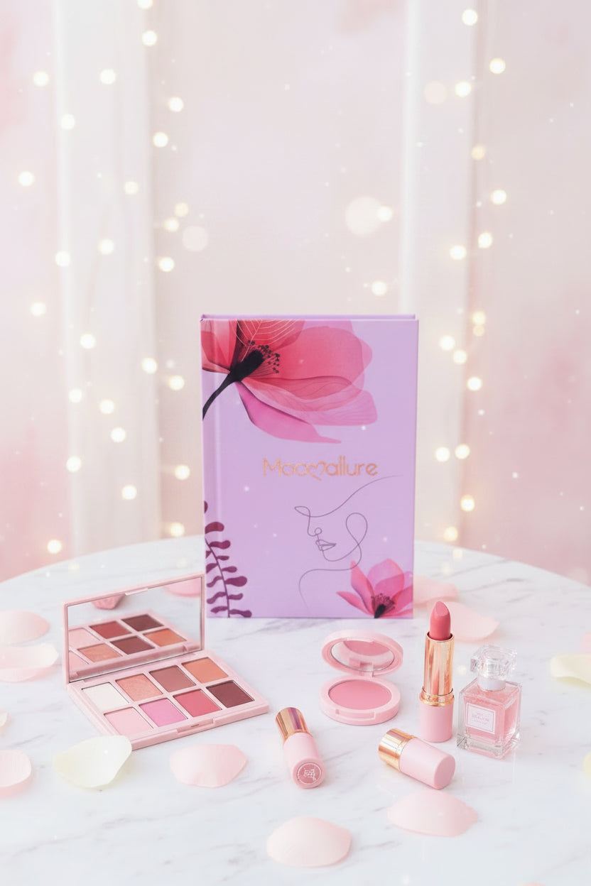 A hand with pink manicured nails holds a lavender notebook featuring a large pink hibiscus flower, a minimalist line art face, and the brand name 'Moccolure' in gold. The background is a soft-focus outdoor garden with green foliage.