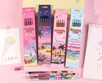Four colorful 'Summer White' pencil boxes in pink, purple, peach, and blue, displayed with four matching pencils on a pink background. Chinese product specifications are printed in white text at the bottom.