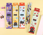 Four boxed sets of cute cartoon pencils arranged on a pale yellow background, with product details printed in Chinese at the bottom. The boxes feature playful cat illustrations and different color schemes including purple, orange, blue, and red.
