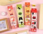 Four colorful 12-pack boxes of cute cartoon pencils arranged on a pink surface with decorative props, plus a Chinese product specification text block at the bottom.