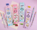 Four packaged Cawa Family HB pencils in pastel-colored boxes with cartoon characters, shown with two loose pencils on a pink background. Chinese product specifications are printed at the bottom.