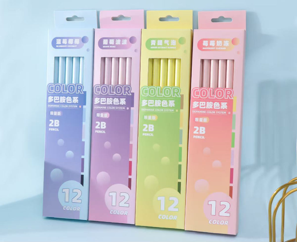 Four pastel-colored 12-pack boxes of 2B pencils arranged side by side on a light blue background, with Chinese product specifications printed below.
