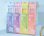 Four pastel-colored 12-pack boxes of 2B pencils arranged side by side on a light blue background, with Chinese product specifications printed below.