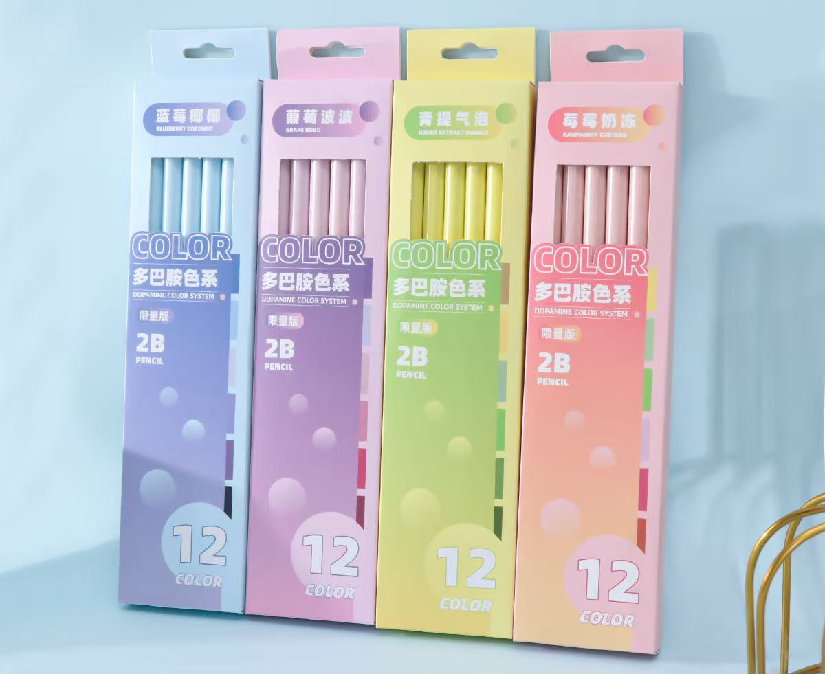 Four pastel-colored 12-pack boxes of 2B pencils arranged side by side on a light blue background, with Chinese product specifications printed below.