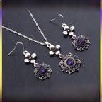 Purple Flowers Necklace Set - Alloy Chain With Antique Silver Plated Finish And Alloy Pendant Inlaid With Rhinestones