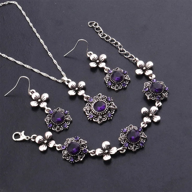 Purple Flowers Necklace Set - Alloy Chain With Antique Silver Plated Finish And Alloy Pendant Inlaid With Rhinestones
