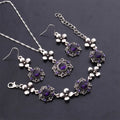Purple Flowers Necklace Set - Alloy Chain With Antique Silver Plated Finish And Alloy Pendant Inlaid With Rhinestones