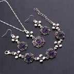 Purple Flowers Necklace Set - Alloy Chain With Antique Silver Plated Finish And Alloy Pendant Inlaid With Rhinestones