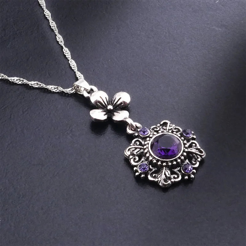 Purple Flowers Necklace Set - Alloy Chain With Antique Silver Plated Finish And Alloy Pendant Inlaid With Rhinestones