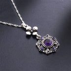 Purple Flowers Necklace Set - Alloy Chain With Antique Silver Plated Finish And Alloy Pendant Inlaid With Rhinestones
